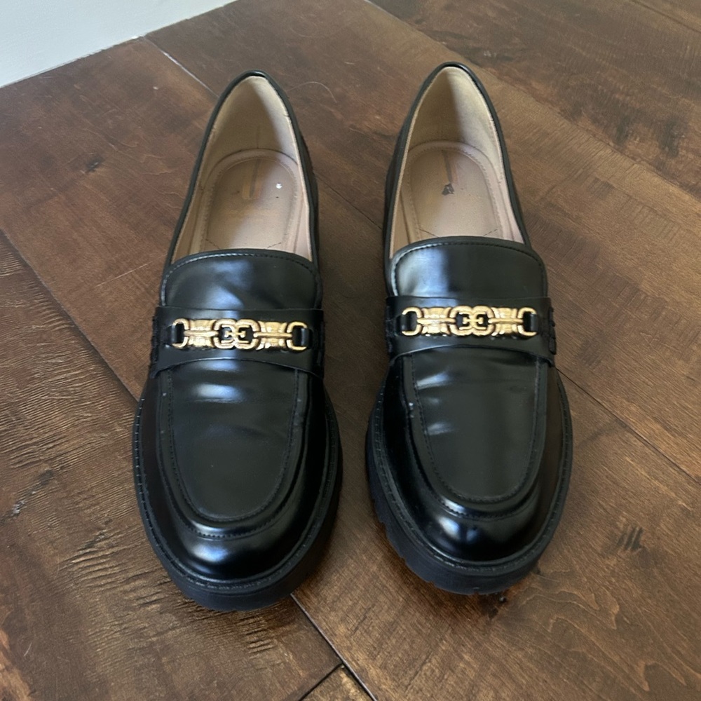 Sam Edelman Black and Gold Penny Loafers